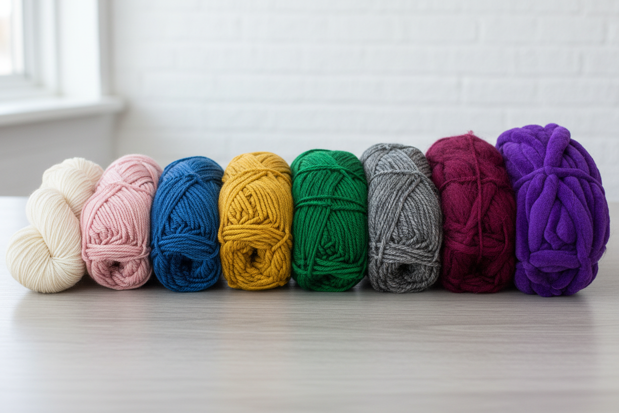 Can you create an image of multiple different yarns side by side in various weight. thickness and colours 