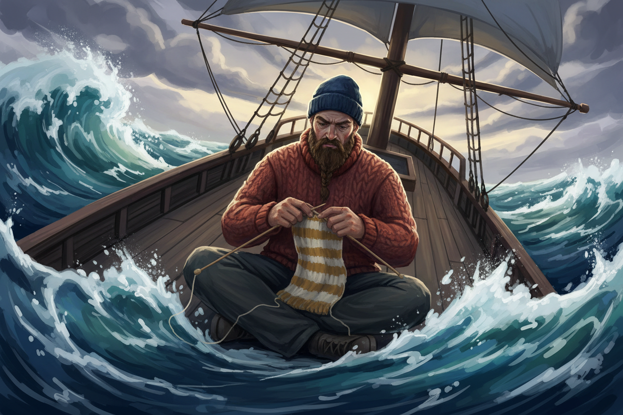 Create an illustrated looking image of a sailor knitting on a rough sea